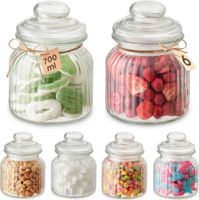 Image de Praknu 6 Verres Candy Bar 700ml - hermétiques - Verre à biscuit vintage avec couvercle et étiquettes