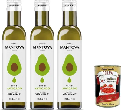 Produktbild von Fratelli Mantova Olio di Avocado Avocadoöl – Nutrazeutisches Öl – 100% natürlich und 100% rein – Gesundheit und Wohlbefinden – enthält natürlich Vitamin E 3x250 ml + Italian Gourmet polpa 400g