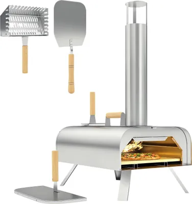 Image de Outsunny Four à pizza extérieur portable à bois ou à pellet avec pierre à pizza, pieds pliables, cheminée, en acier inoxydable, argenté
