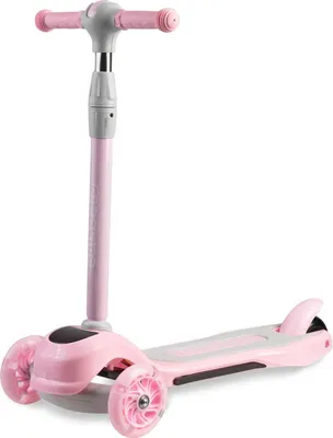 A pink three-wheeled scooter shown from a slightly elevated side-angle against a white background.