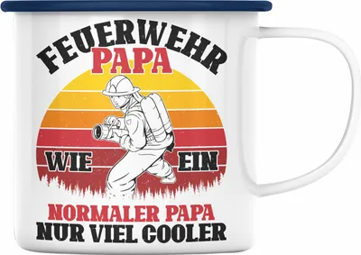 Produktbild von Trendation - Feuerwehr Papa Geschenk Emaille Tasse Feuerwehrmann Vater Vatertag Spruch (Blau)