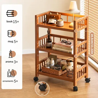 Immagine prodotto di Inovra - Carrello portaoggetti sottile in bambù a 3 ripiani, con ruote girevoli a 360° e bloccabili, ideale per spazi stretti in cucina, bagno o altre stanze