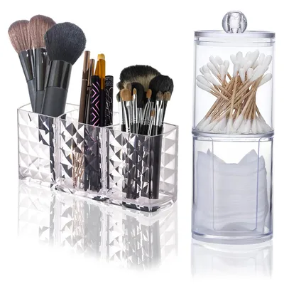 Image de Organiseur de cosmétiques à 3 compartiments, récipient en verre pour cotons démaquillants, support pour pinceaux de maquillage, organiseur de maquillage et support pour cotons démaquillants pour l'armoire de salle de bains.