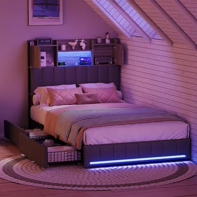 Obrázok produktu pre Jednolôžková posteľ UnboxG 90x200 cm z ľanu s LED diódou, USB pripojením, úložným priestorom a 2 zásuvkami, posteľ s úložným priestorom v čele, úložná posteľ sivá