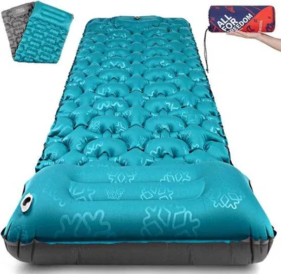 Immagine prodotto di Tappetino da campeggio ultraleggero, gonfiabile, azzurro e blu navy, spessore 8-10 cm, pieghevole, con cuscino