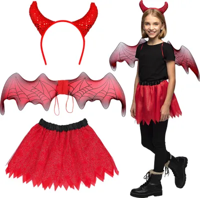 Produktbild von Kostüm‑Set Duivel Kinder mit Diadem, vleugels und tutu