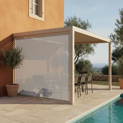 Image de Pergola bioclimatique adossée 3x4m et 1 store bois crème - Oviala Oia