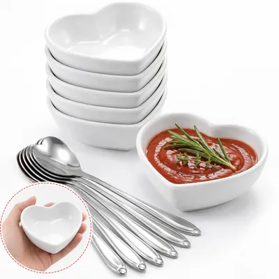 Herz-Dipschalen Keramik 6er Set mit Löffeln, Weiß