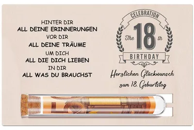Produktbild von Geldgeschenk-Verpackung 18. Geburtstag mit Holzkarte und Reagenzglas