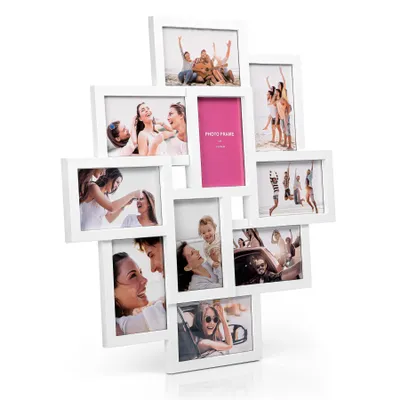 A white multi-photo frame collage displaying various candid photos of people, mostly families and friends enjoying themselves.