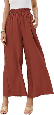 Image de ASKSA Femmes Pantalon d'été taille haute Pantalon large Jupe-culotte plissée Pantalon d'été loisirs avec poche, Rouge, 3XL