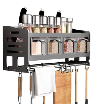 Image de Étagère d'épices pour la cuisine, avec pots et crochets