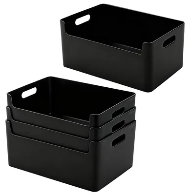 Image de Lot de 4 boîtes de rangement à rainures, boîtes de rangement en plastique, noires, boîtes de rangement avec poignée, boîtes de rangement pour la salle de bain, paniers et seaux de rangement en plastique, panier en plastique pour