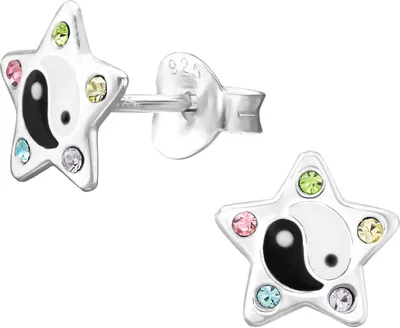Produktbild von Kinder Ohrringe Ohrstecker 925 Sterling Silber Yin Yang Stern mit Kristallen