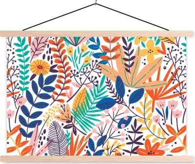 Produktbild von MuchoWow® Textilposter Sommer - Pflanzen - Blätter - Muster 120x80 cm mit holzfarbenen Rahmen - Aufhängeset