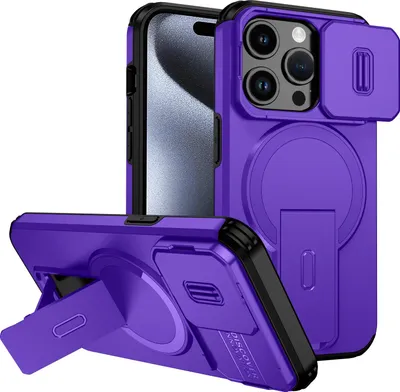 Produktbild von Magnetisch Hülle für iPhone 15 Pro, Dual Layer Stoßfest Handyhülle mit Dia Kameraschutz, Verstellbarem Ständer Lila