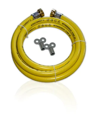 A coiled yellow hose with metal fittings and two small metal keys on a white background.