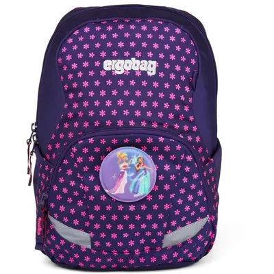 A purple backpack with pink flower patterns and a circular badge featuring cartoon characters.