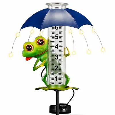 Produktbild von 7 Zoll Regenmesser mit Erdspieß & Solar-LED-Licht, Frosch-Design, frostsicher, präzise ablesbar, Gartendeko für Garten, Rasen, Terrasse & Hof