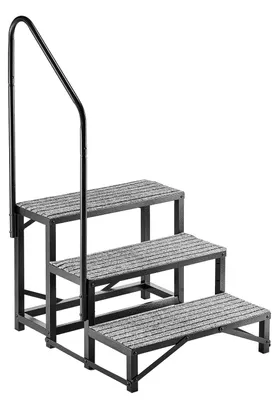 Zdjęcie produktu dla Schody do kampera z poręczą, 3 stopnie, udźwig 300 kg, wytrzymałe schody zewnętrzne do kamperów z antypoślizgową matą, idealne dla osób starszych i zwierząt. Przenośne schody do jacuzzi, kampera, domku mobilnego, werandy, basenu, spa