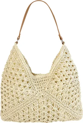 Produktbild von Strandtasche Strohtasche Damen, Boho Umhängetasche, Tragetasche, Handtasche für Urlaub Reisen, Beige