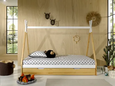 Produktbild von Vipack - Tipi Zelt Bett Liegefläche 90 x 200 cm, inkl. Rolllattenrost und Bettschublade (Natur), Ausf. Kiefer massiv natur/weiß