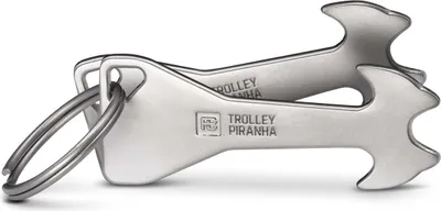 Produktbild von FABACH 2 x Trolley Piranha Einkaufswagenlöser aus Metall in Silber - Einkaufswagenchip Schlüsselanhänger - Einkaufschip für Einkaufswagen - Chip abziehbar, Kein Steckenbleiben im Pfandschloss