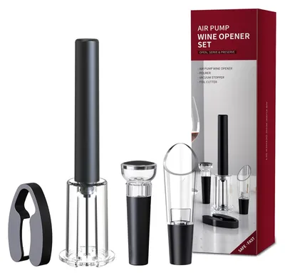 Pumpkorkenzieher-Set, 4-teilig, Weinöffner mit Folienabschneider, Schwarz