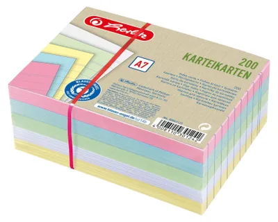 Produktbild von Herlitz Karteikarte A7 liniert farbig sortiert 4 Farben plus weiß Blauer Engel 200er, Mehrfarbig, A7, Liniertes Papier, 180 g/m², 200 Stück(e)