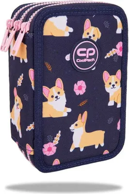 A close-up view of a pencil case with a corgi dog pattern.