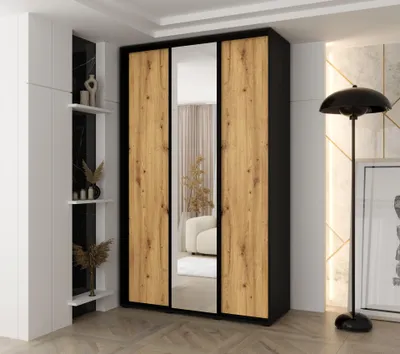 Produktbild von MINIO go for it, Kleiderschrank VADO, 150x235,2x45 cm,3 Schiebetüren (1 Spiegel), 6 Einlegeböden, 2 ausziehbare Metallstangen, Schwarz/ Artisan Eiche