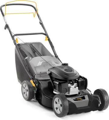 A black and gray ALPINA Benzin-Rasenmäher AL4 46 SH lawnmower is shown against a white background.