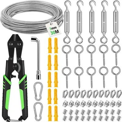 Productafbeelding van Ibenzoa® RVS-touw installatieset – 30 meter PVC-gecoat RVS-touw (3 mm, met 1 mm PVC-coating, constructie: 7x7) met spanbouten, klemmen, karabiners en bevestigingsgereedschap
