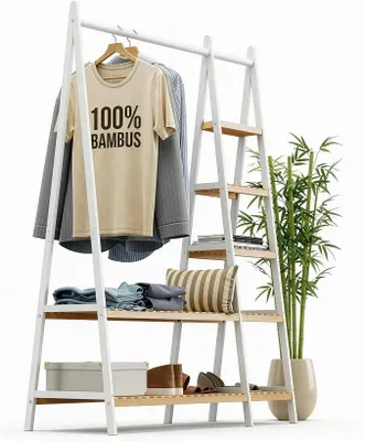 Imagen del producto de Perchero, barra para colgar ropa, soporte para abrigos, 44 x 110 x 160 cm, armario, estante para zapatos, armario abierto, 7 estantes, dormitorio, pasillo, bambú, blanco
