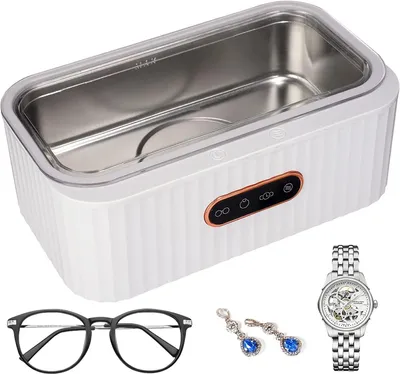 A collage showing an ultrasonic cleaner and accessories like glasses, earrings, and a watch.