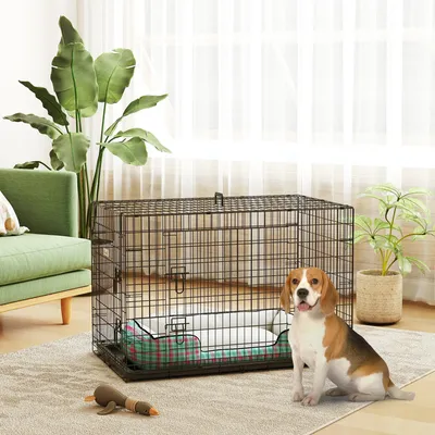 Imagen del producto de Jaula para perros Sweiko, transportín para perros, jaula de transporte, con bandeja inferior extraíble, plegable, 92 x 57 x 62,5 cm, color negro