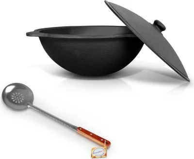 Produktbild von Set Kazan Gusseisen Uzbekisch 12L Kochtopf Schaumlöffel Camping WOK казан Kasan