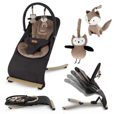 A collage of images showing a baby bouncer and plush toys.