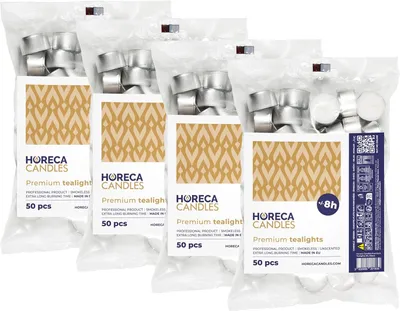 Produktbild von Horeca Candles Teelichter 200 Stück, Weiß – 8h Brenndauer, Ohne Duft – Paraffinwachs für Hochzeit, Deko, Feiern, Entspannen