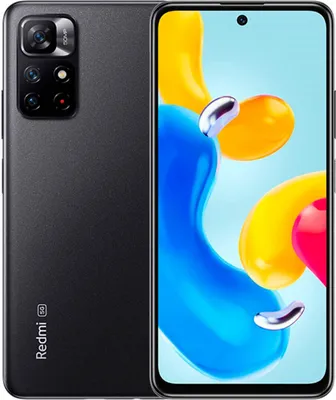 A black Xiaomi Redmi Note 11S 5G smartphone is shown from the back and side, with its screen displaying a colorful abstract image.
