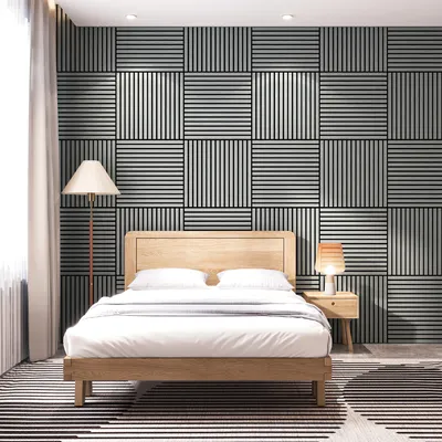 A bedroom scene with a bed, nightstand, and lamps, showcasing the wall panels.