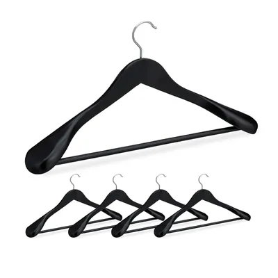 Immagine prodotto di Relaxdays Grucce per abiti, set da 5 pezzi, spalle larghe, gancio girevole a 360°, barra per pantaloni, grucce in legno, nero
