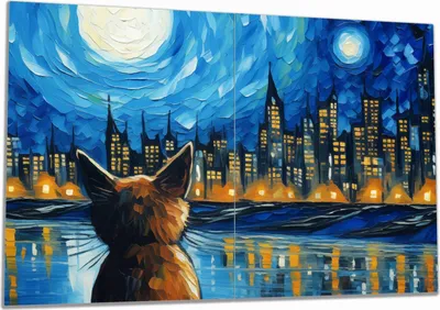 Produktbild von Wallario Herdabdeckplatte aus Glas, Größe 80 x 52 cm 2-teilig, Motiv Katze im Mondschein