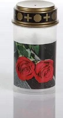 Produktbild von Schlaraffenland LED Grabkerze mit Motiv, Rose, weiß 13 cm, Brenndauer von bis zu 200 Tagen, flackerlicht, Grablaterne Wind- und Regenfest, Grablampe
