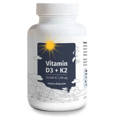 Produktbild von Vitamin D3 + K2 - 20000 I.E. Vitamin D3 mit 200μg Vitamin K2 als All-Trans K2 MK7 - 180 vegetarische Tabletten