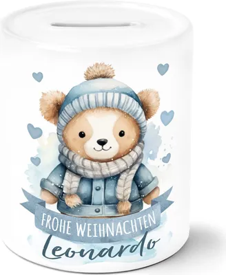 Produktbild von Kinder Spardose mit Namen und Spruch Frohe Weihnachten Tiermotive Geldgeschenke Sparschwein Keramik SpecialMe® Bär weiß Spardose