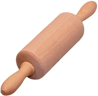 A wooden rolling pin on a white background.