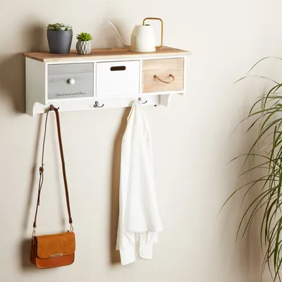 Produktbild von Wandgarderobe SALVA in weiß im angesagtem Vintagelook , moderne Garderobenleiste, Hängegarderobe mit 3 Schubkästen und Haken