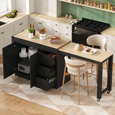 Obrázek produktu pro okwish Kuchyňský ostrůvek pojízdný s výsuvnou pracovní deskou kuchyňská skříň s úložným prostorem a zásuvkami pro kuchyň a jídelnu černá