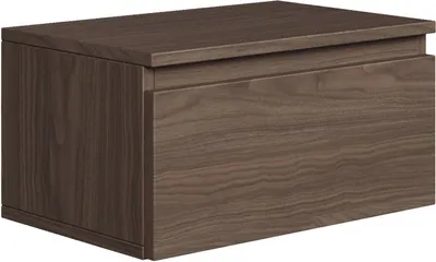 A single, dark brown wooden nightstand with a drawer is shown against a white background.